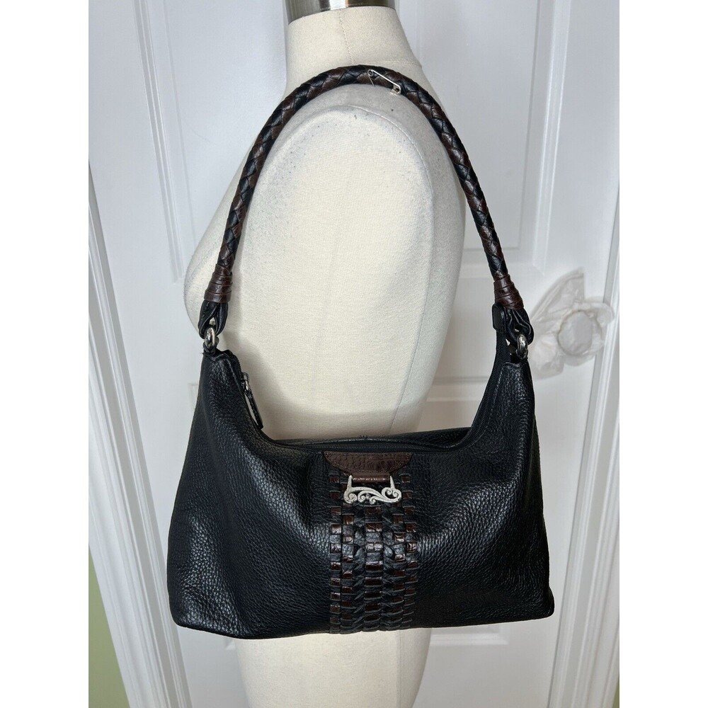Brighton Zip Top Black Pebbled Leather Shoulder Hobo Purse Woven Strap